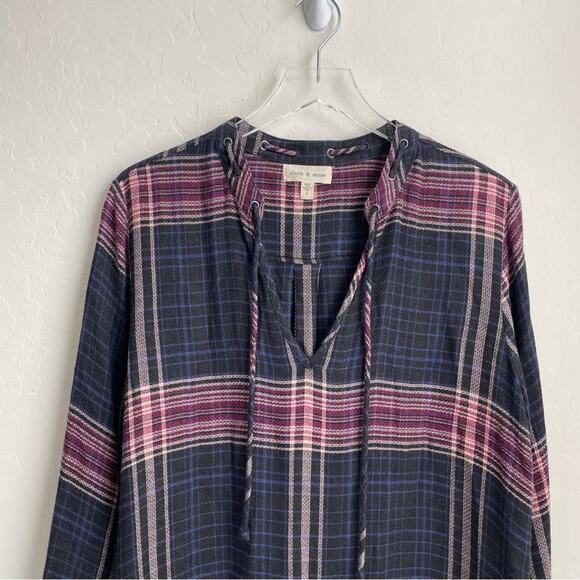 Cloth & Stone Plaid Tunic Shirt Dress Long Sleeve Knit Blue Pink L - Picture 3 of 12
